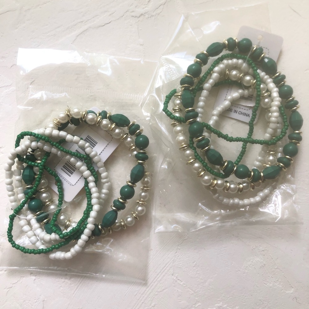 2 matching sets of green and pearl Noi bracelets